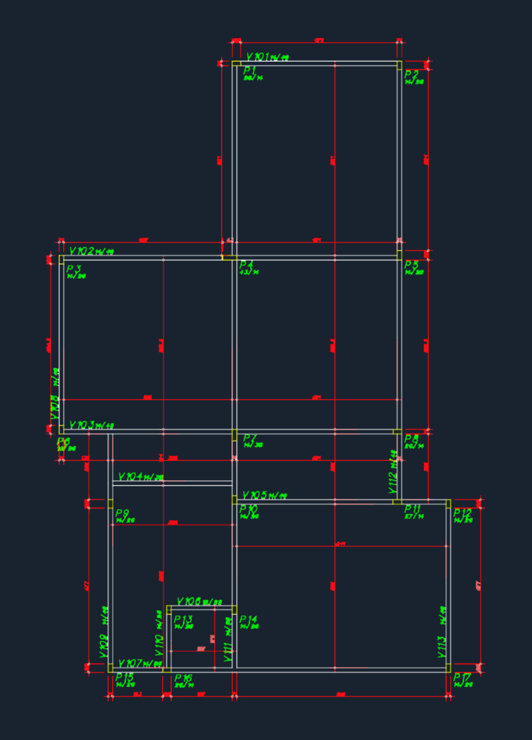 Structural plan drawing of a building foundation showing beams and columns with dimensions.