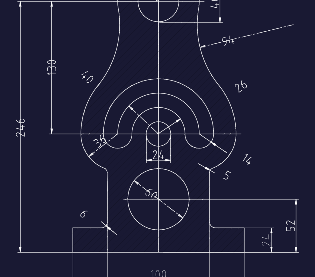2D technical drawing of a symmetrical mechanical part with circular cutouts, hatching, and metric dimensions.
