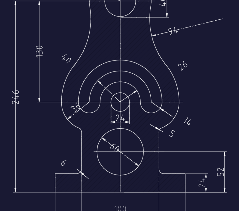 2D technical drawing of a symmetrical mechanical part with circular cutouts, hatching, and metric dimensions.