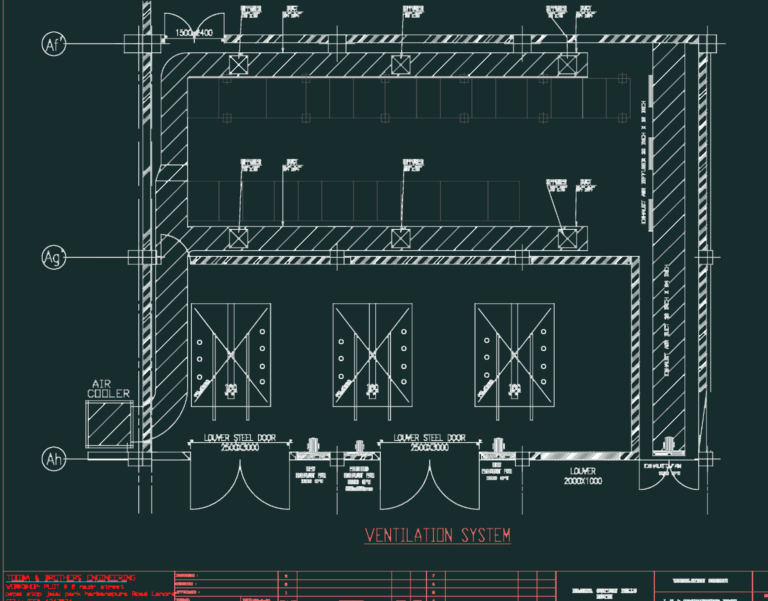 CAD plan of a ventilation system for a transformer and LT room with exhaust fans and ductwork.