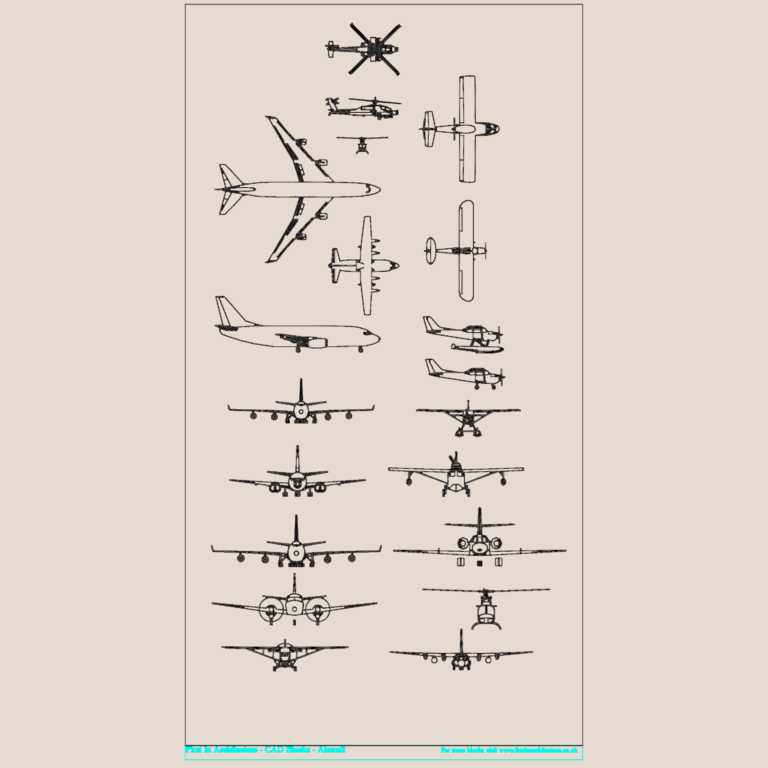 2D CAD blocks of various aircraft including helicopters, jets, and propeller planes in top and front views.