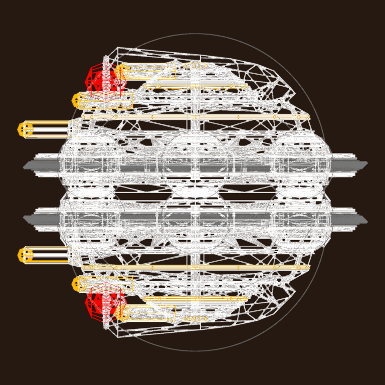 Wireframe top view of a 3D scout ship model with thrusters and spherical hull.