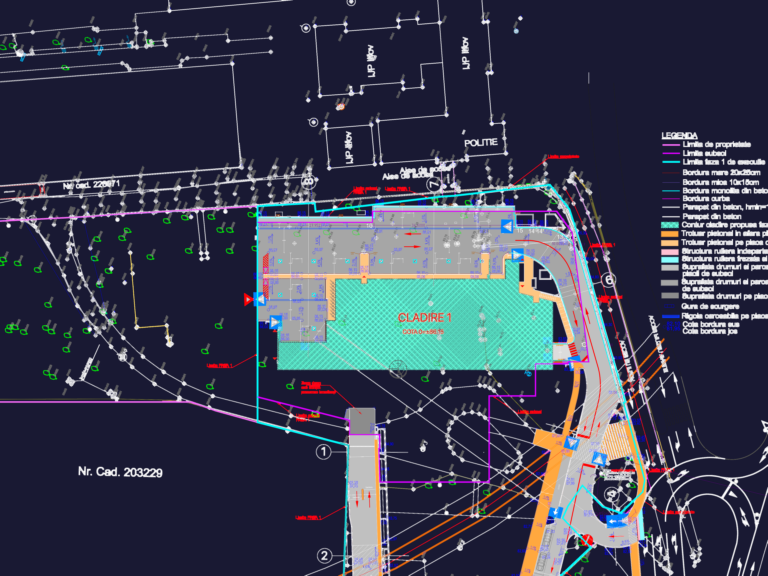 Site grading plan showing road slopes, building outlines, and curb elevations with Romanian text labels.