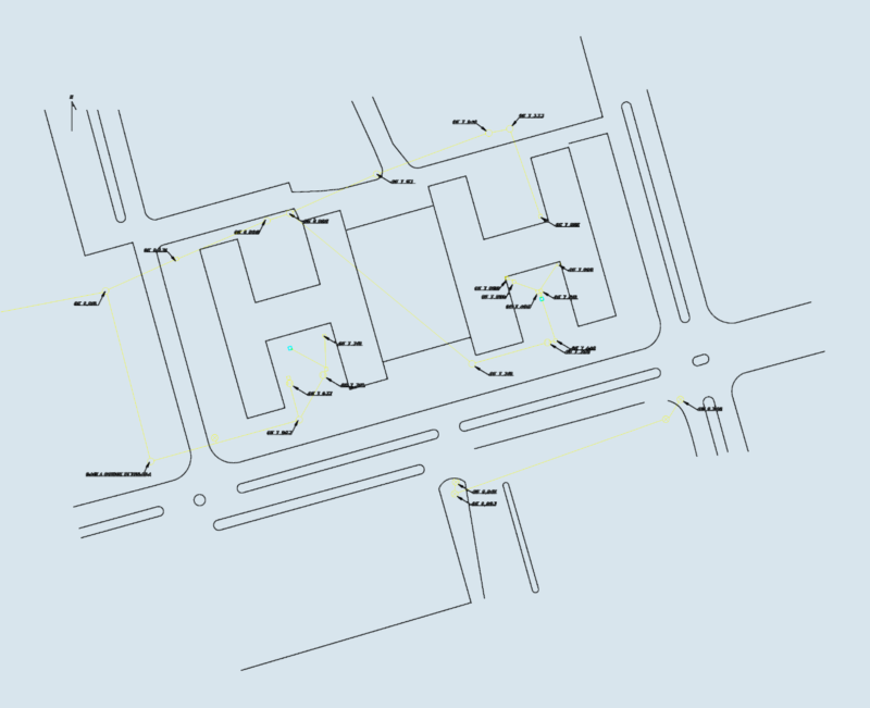 Sewage and drainage site layout with elevations