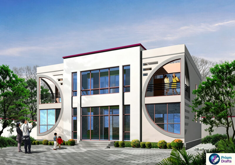 Modern Creative 2‑Story House CAD Full Construction Drawings Unique Circular Balcony Villa Plans, Ready‑to‑Build
