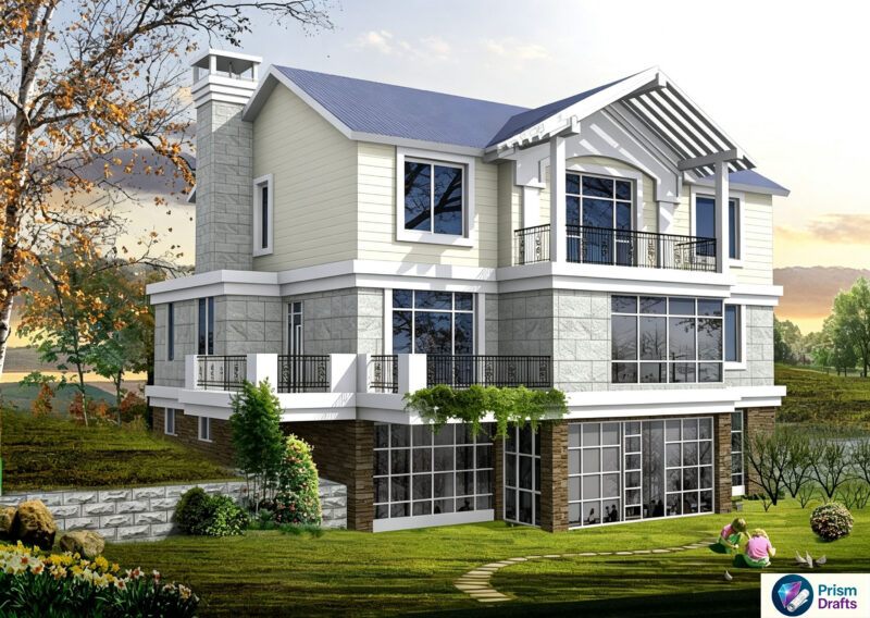 Three-Story American Country Villa Complete CAD Construction Drawings | With Basement & Garage, Rural Self-build House Architectural Structural Plans + High Definition Rendering