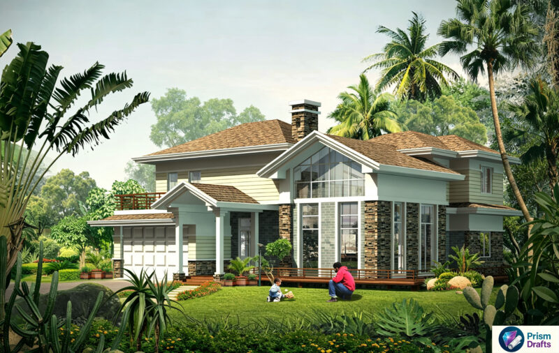 331㎡ Two‑Story Mixed‑Slope Roof Villa CAD Drawings | Double Garage, Inner Courtyard & Dual Terraces Complete House Plans