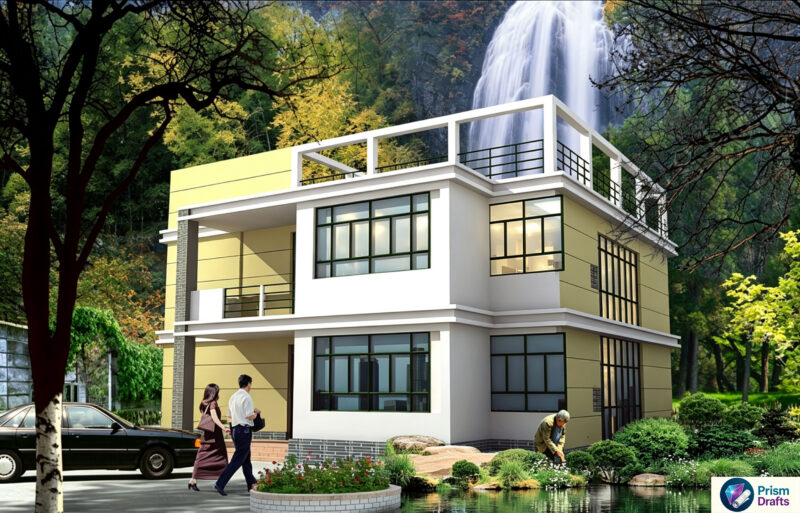2‑Story Flat‑Roof Rural House Complete CAD Construction Drawings | 13.14×10.8m Floor Area With Rendering, Ready‑to‑Build