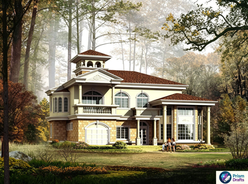 European‑Style Two‑Story Villa CAD Drawings, Complete House Plans with Garage & Observation Tower