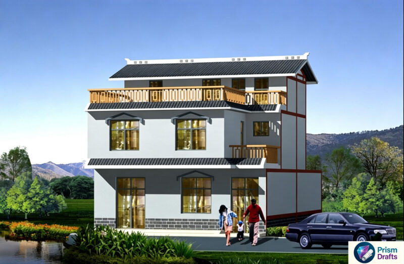 2‑Story New Chinese Rural House CAD Drawings | 5‑Bedroom 2‑Hall 2‑Bath Villa with Front‑Back Yard & 65㎡ Terrace Complete Construction Plans