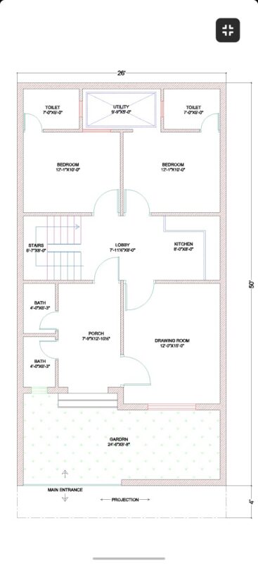 architectural dwg drawing 25×50 ground floor 1250 sq fit
