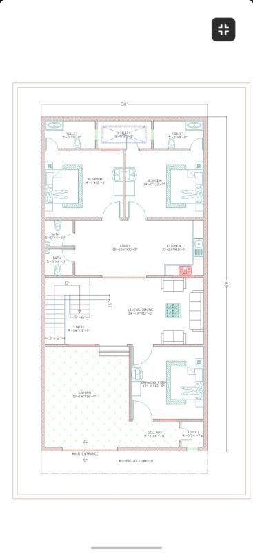 30×60 ground floor plan architectural drawing