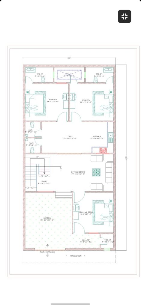 30×60 ground floor plan architectural drawing