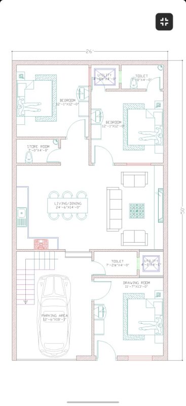 26×50 ground floor plan architectural drawing