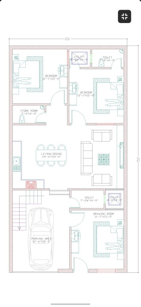 26×50 ground floor plan architectural drawing