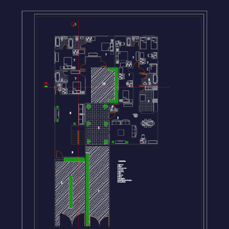 Architectural CAD drawing of a two-story residence and guest house floor plan with electrical and sewage layouts.