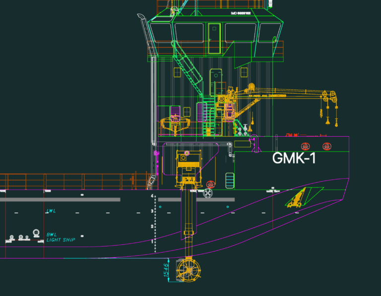 GMK-1 vessel loading plan showing profile, main deck, and front views with crawler crane reinforcement details.