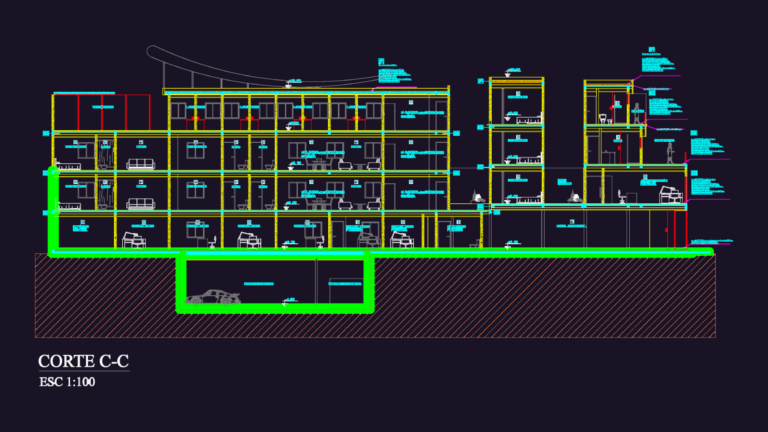 Detailed architectural cross-section of a multi-story mixed-use building with underground parking and apartments.