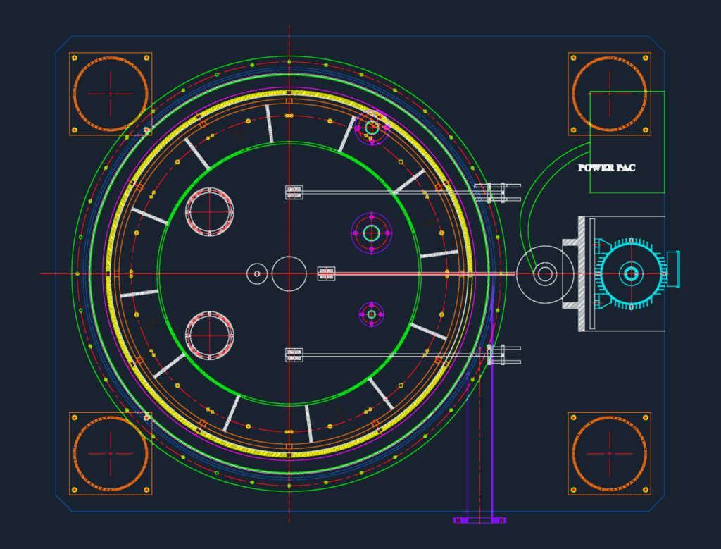 CAD views showing elevation, front view, and plan of an industrial centrifuge machine with motor and power pack.