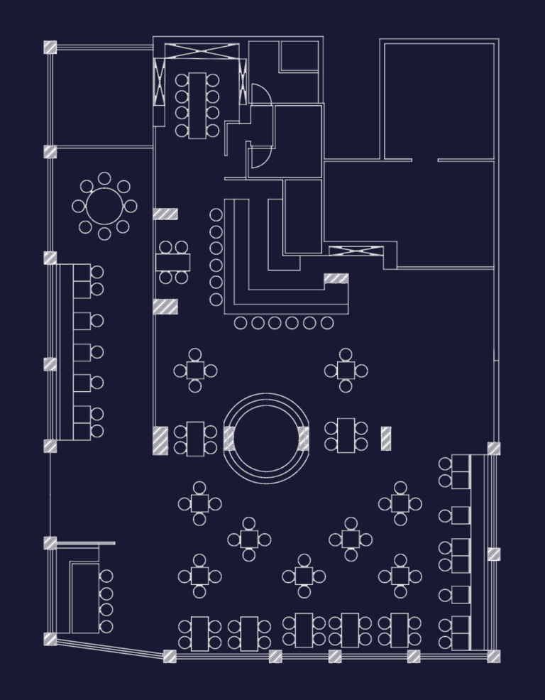 CAD floor plan of a cafe showing table seating, bar stools, and counter layout.