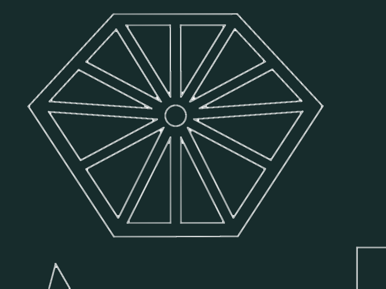 CAD layout of flat metal patterns for a hexagonal fire pit including a radial top grate and side sections.