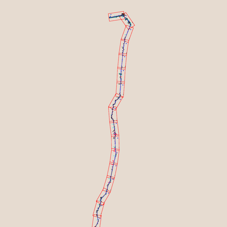 CAD drawing showing a long gas pipeline route study with layout sheets, coordinates, and topographical vertices.