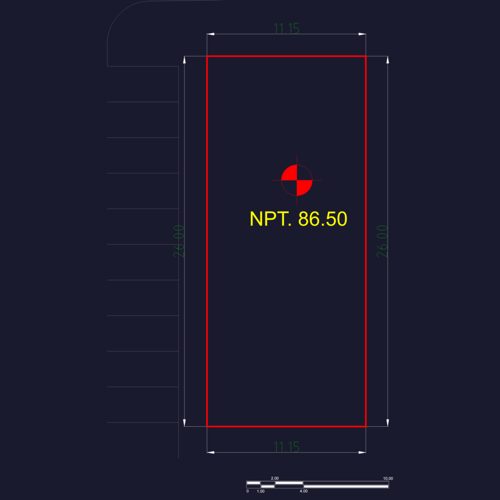 Building footprint with 11.15m x 26.00m dimensions and finished floor level marker NPT 86.50.