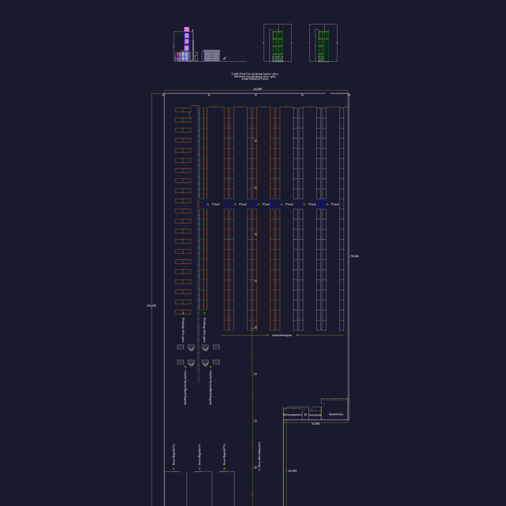 Warehouse floor plan and racking elevation showing pallet storage, picking areas, and office layout.