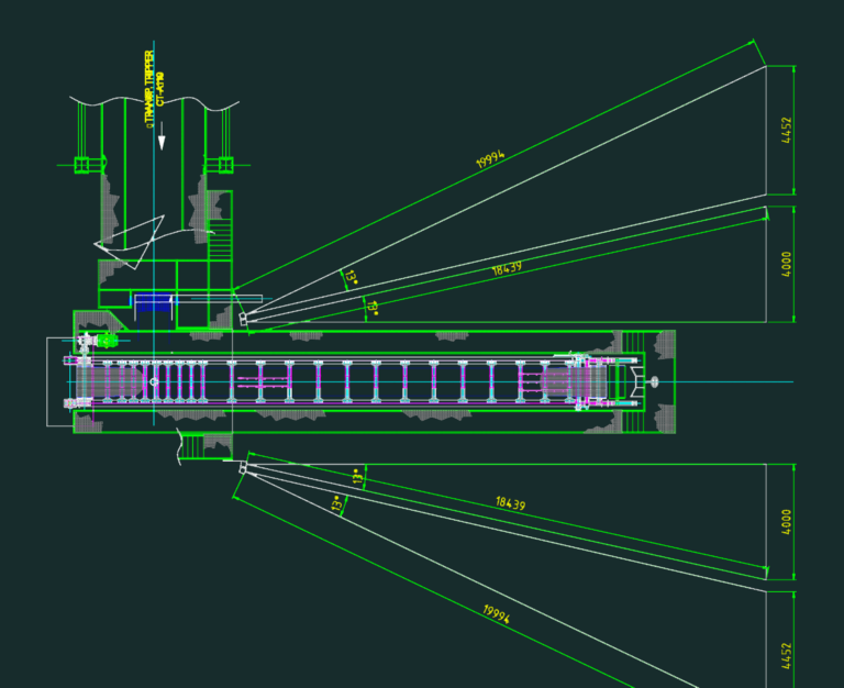 CAD plan and elevation views showing the range of motion for a tripper conveyor system.