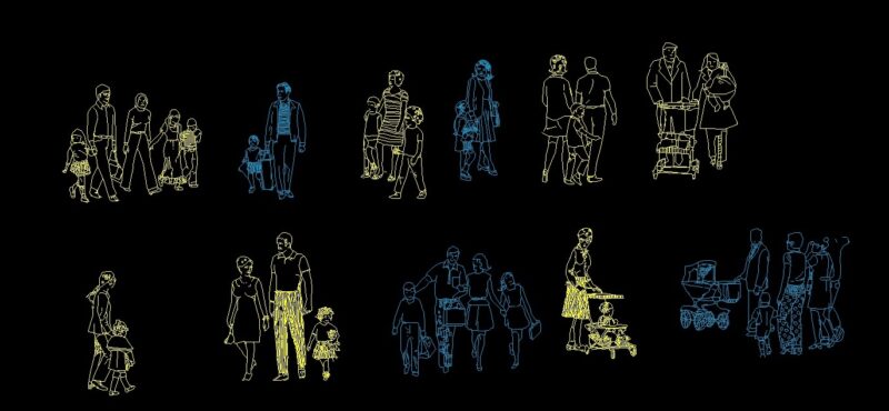 People Men And Women Families With Kids Human Figures Elevation 2D DWG Block For AutoCAD