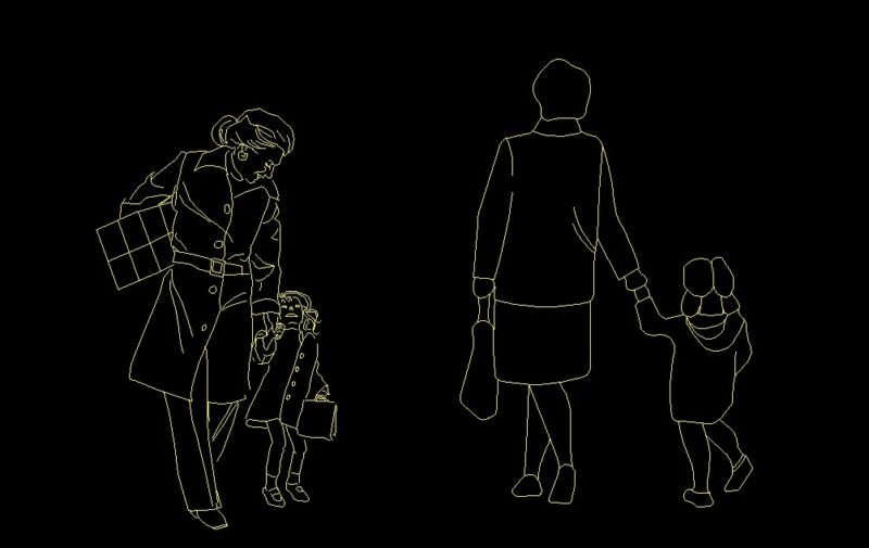 Woman With Kid Human Figure Front And Rear View Elevation 2D DWG Block For AutoCAD