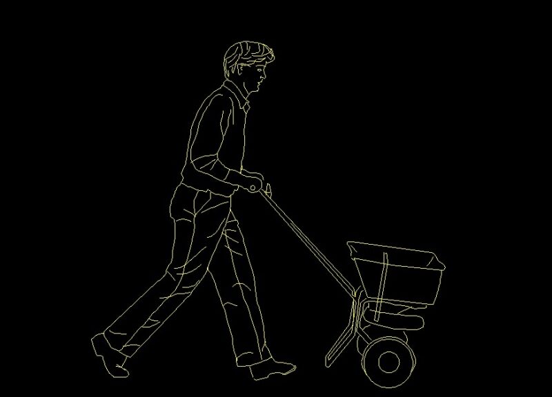 Man Pushing Handheld Broadcast Spreader Human Figure Elevation 2D DWG Block For AutoCAD