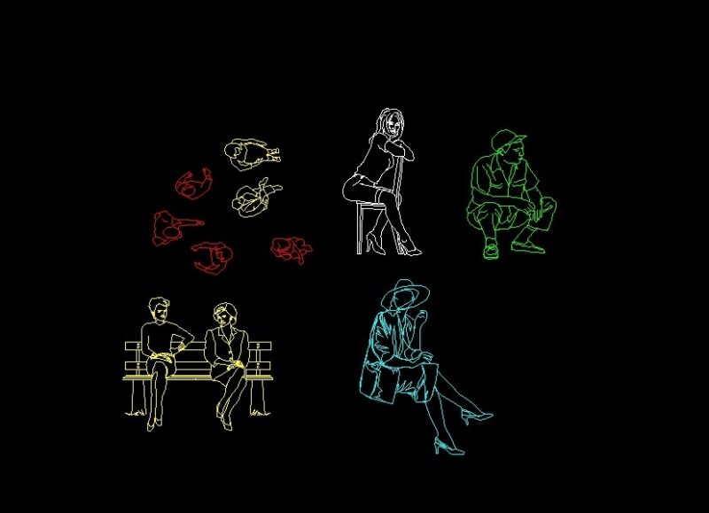 Men And Women Sitting Human Figure Elevation And Plan 2D DWG Block For AutoCAD