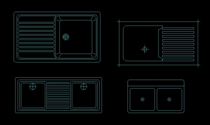 Single & Double Sink Kitchen Plumbing Fixture Top View Plan 2D DWG Block For AutoCAD
