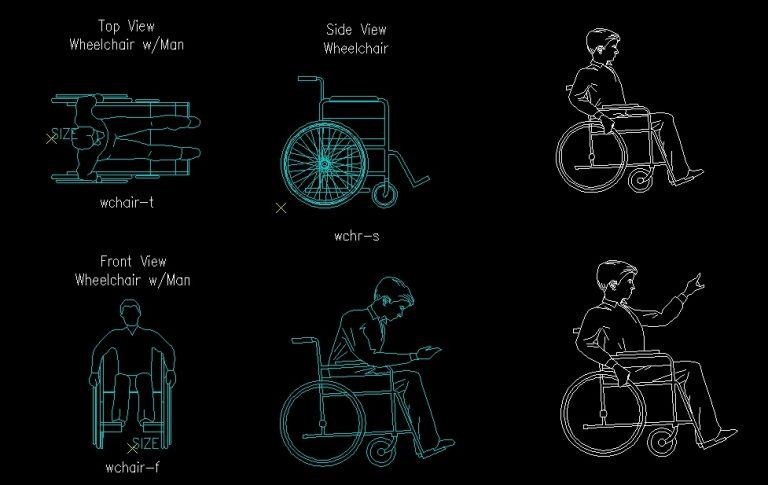 Disabled Man On Wheelchair With Different Postures Elevations And Plan