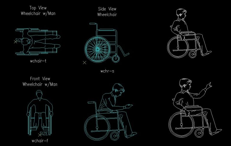 Disabled Man On Wheelchair With Different Postures Elevations And Plan 2D DWG Block For AutoCAD