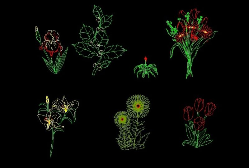 Roses Lilies Sunflowers Vine Leaves And Tulip Flowers Bouquet Bunch Posy Plant Elevation 2D DWG Block For AutoCAD