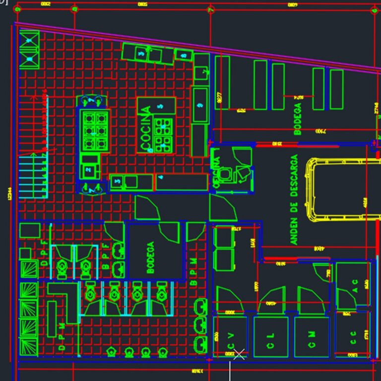 2D CAD floor plan showing a restaurant kitchen, loading dock, and cold storage room layout.