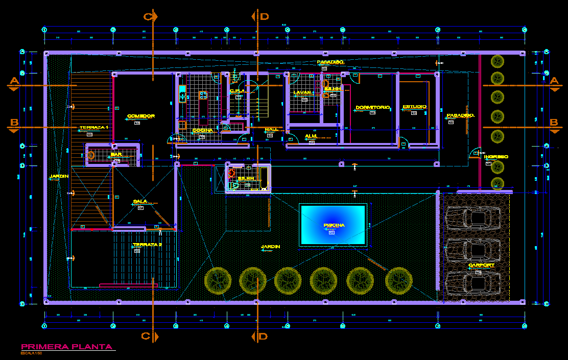  Modern  Family House  with Pool 2D DWG Plan  for AutoCAD  
