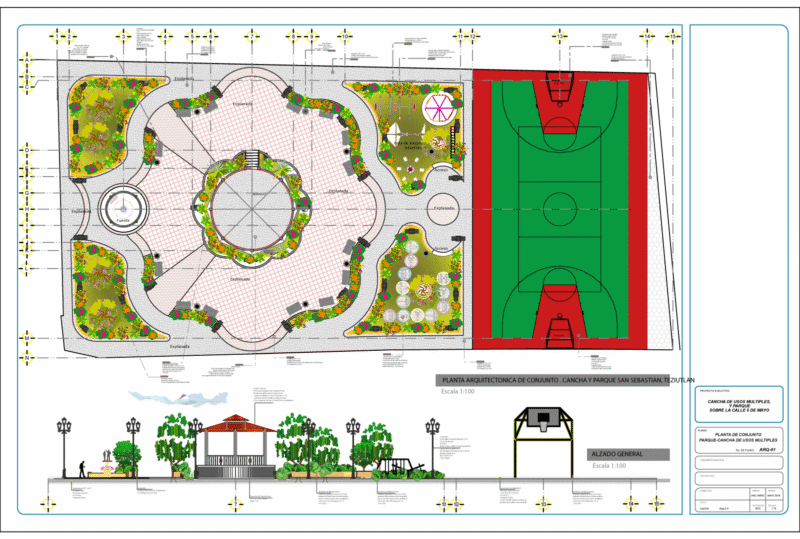Multiple-Use Court and Park With Kiosk General Park and Court Highlights DWG for AutoCAD
