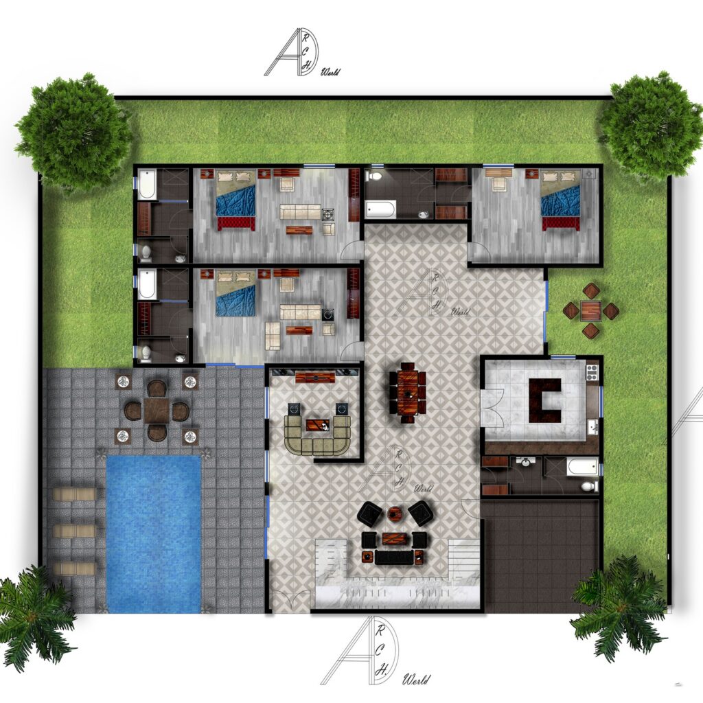 Residential Family House Plan 100’x100′ DWG for AutoCAD