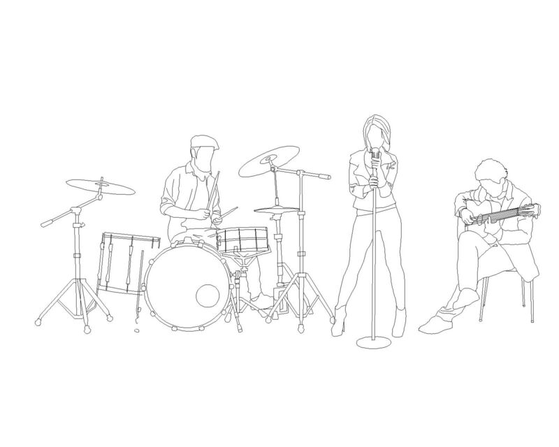 Group Band Music Drums, Mic, Singers and Guitar DWG for AutoCAD