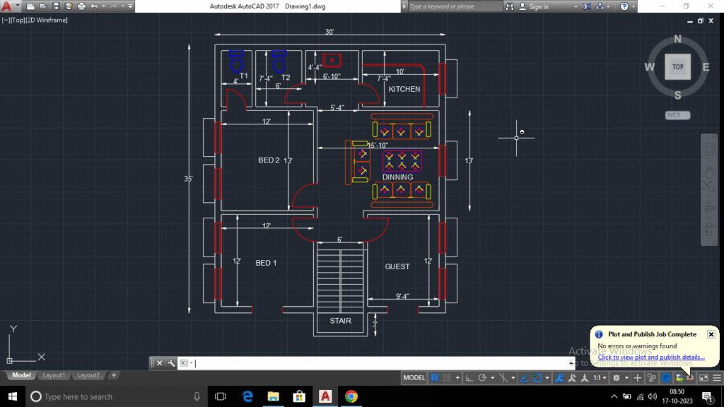 30′ X 35′ house plan with dimensions & designations in AutoCAD 2017.