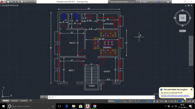 30′ X 35′ house plan with dimensions & designations in AutoCAD 2017.