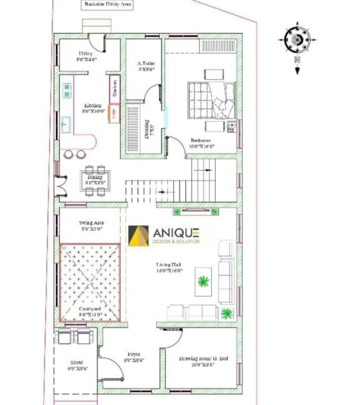 Residential House Floor Plan with Courtyard and Living Hall