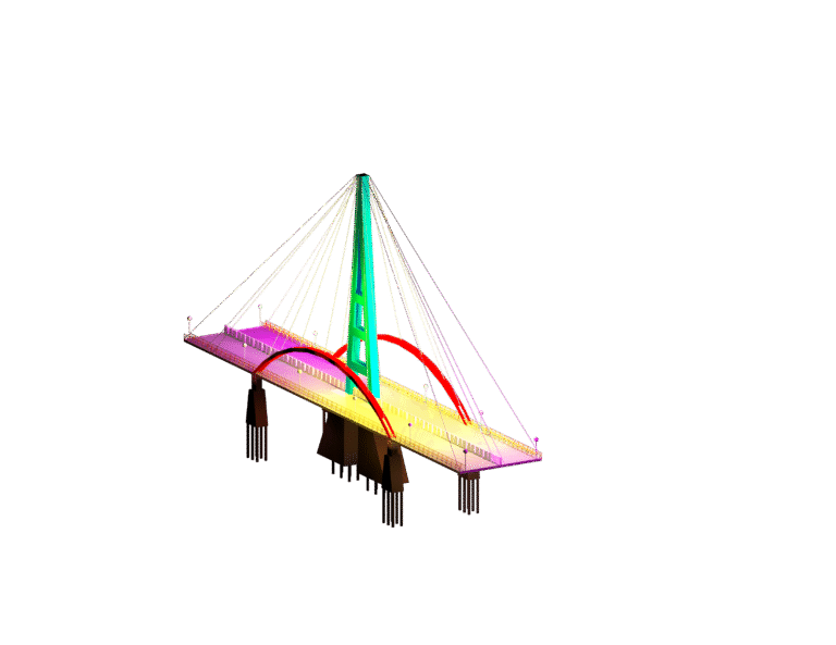 3D isometric view of a cable-stayed bridge with a green central pylon, red arch, and foundation piles.