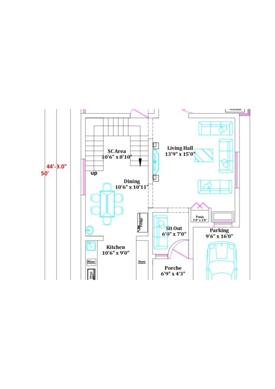 East Facing 30 X 50 Feet 3 BHK Duplex Plan