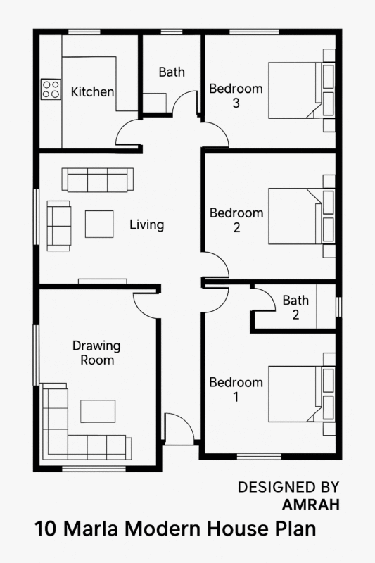 10 Marla 2D House Plan with 3 Bedrooms and 2 Bathrooms | DWG File
