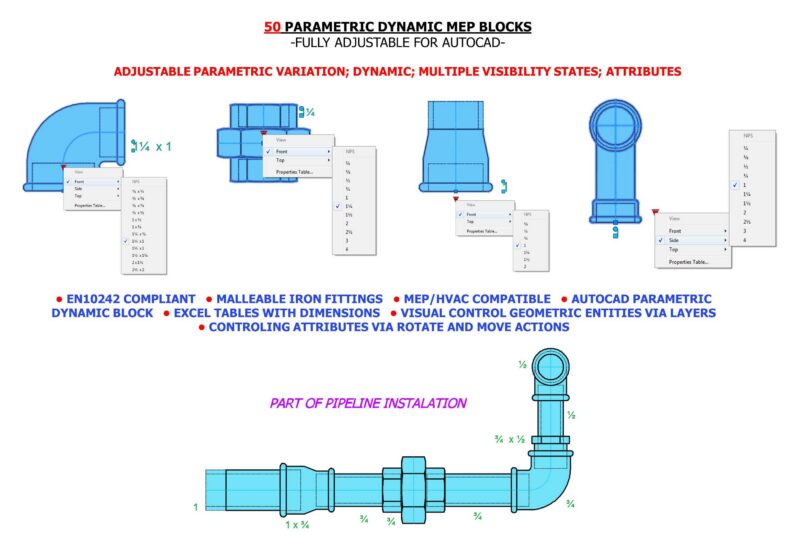 50 PARAMETRIC DYNAMIC BLOCKS (FITTINGS)-IN ACCORDANCE WITH EN10242-Complete Library